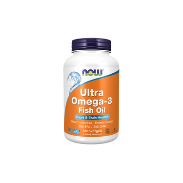 A white bottle of Now Foods Ultra Omega-3 Fish Oil (500 EPA / 250 DHA), containing 180 softgels, features an orange and blue label.